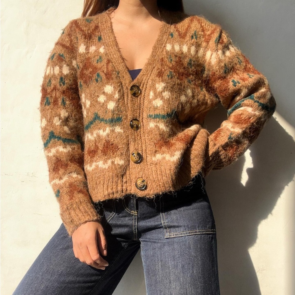 ZARA Fairisle Printed Fuzzy Cardigan